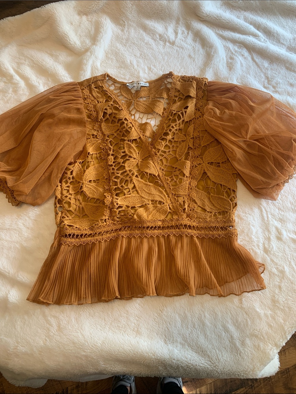 Haute Monde Rust Crochet Lace Puff-Sleeve Blouse